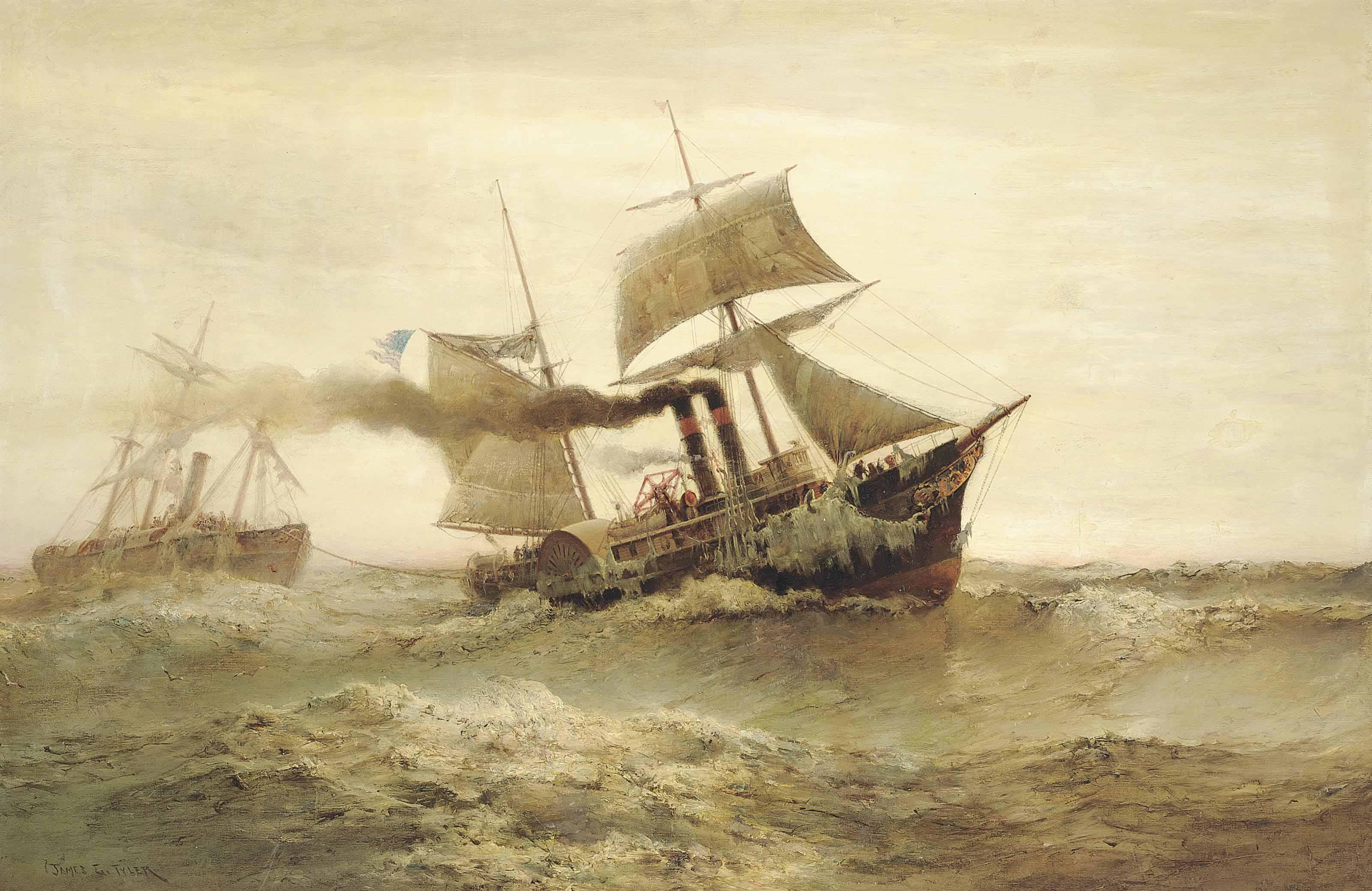 James Gale Tyler - Overdue: An American Paddle Tug Towing In A Storm-Damaged Steamer