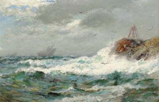 James Gale Tyler - Waves crashing ashore with shipping beyond