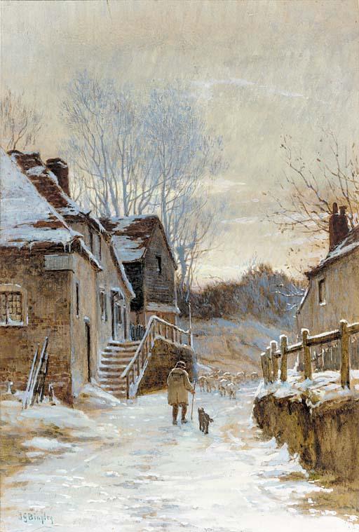 James George Bingley - A shepherd and sheep on a country lane in a winter landscape