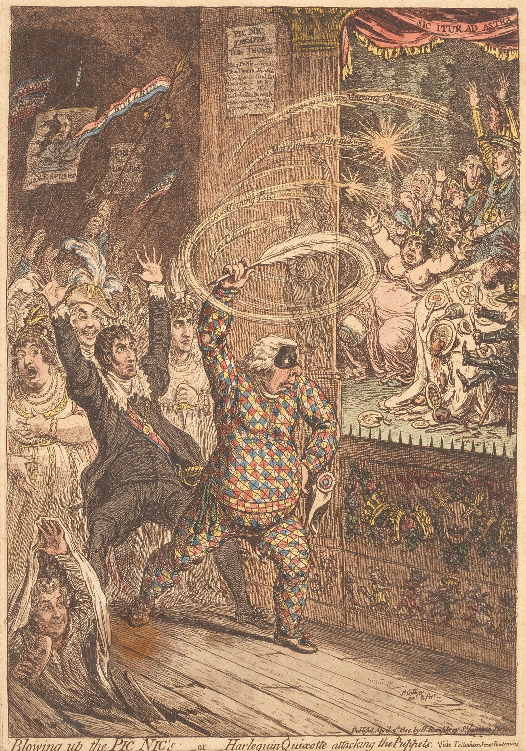 James Gillray - Blowing up the Pic Nic\'s; -or- Harlequin Quixotte attacking the puppets. Vide Tottenham Street pantomine