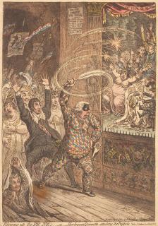 James Gillray - Blowing up the Pic Nic\'s; -or- Harlequin Quixotte attacking the puppets. Vide Tottenham Street pantomine