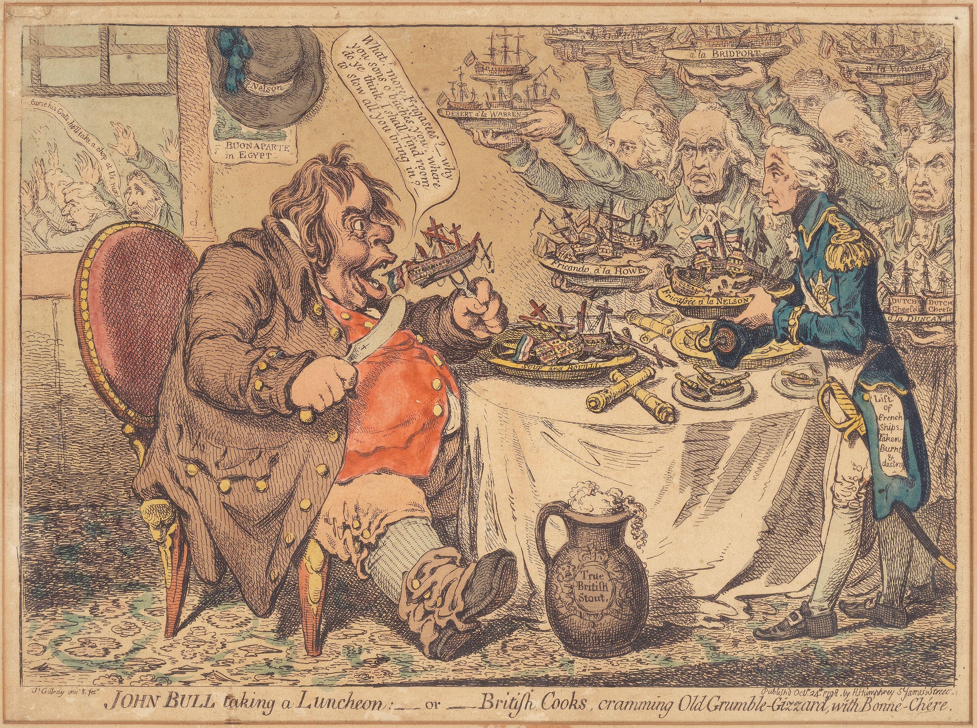 James Gillray - John Bull taking a Luncheon: -or- British Cooks, cramming Old Grumble-Gizzard, with Bonne-Chére