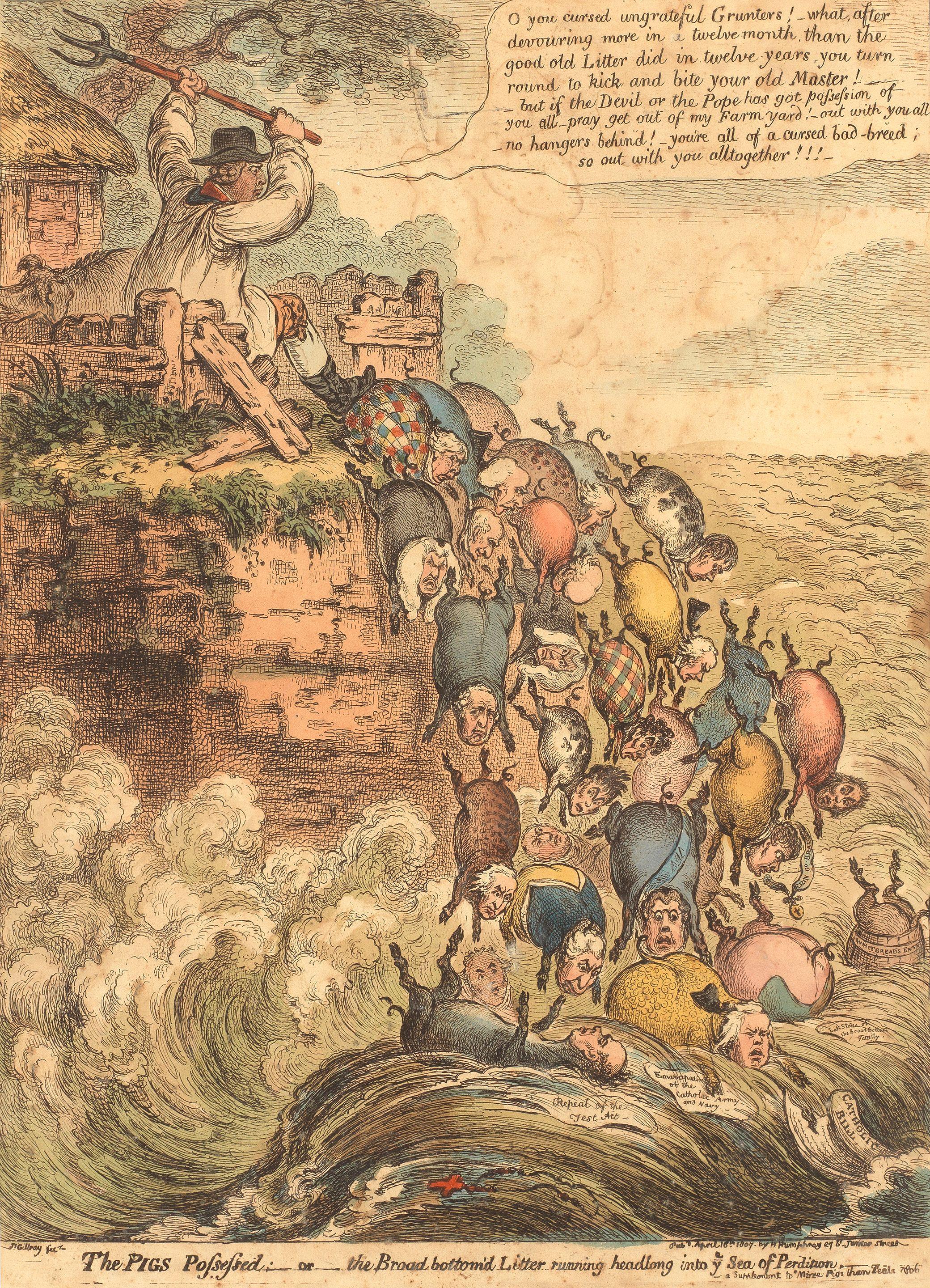 James Gillray - The Pigs Possessed:–or–the Broad Bottom\'d Litter Running Headlong into Ye Sea of Perdition