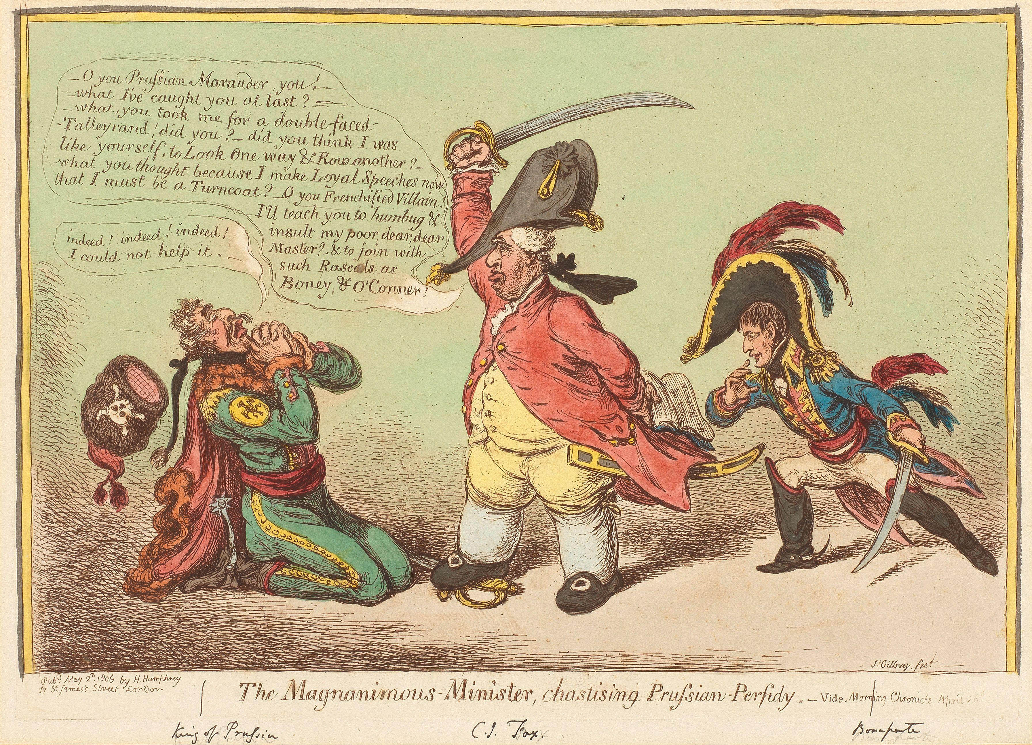 James Gillray - The Wounded Lion; The Magnanimous Minister, Chastising Prussian Perfidy