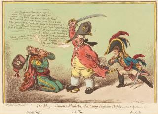 James Gillray - The Wounded Lion; The Magnanimous Minister, Chastising Prussian Perfidy