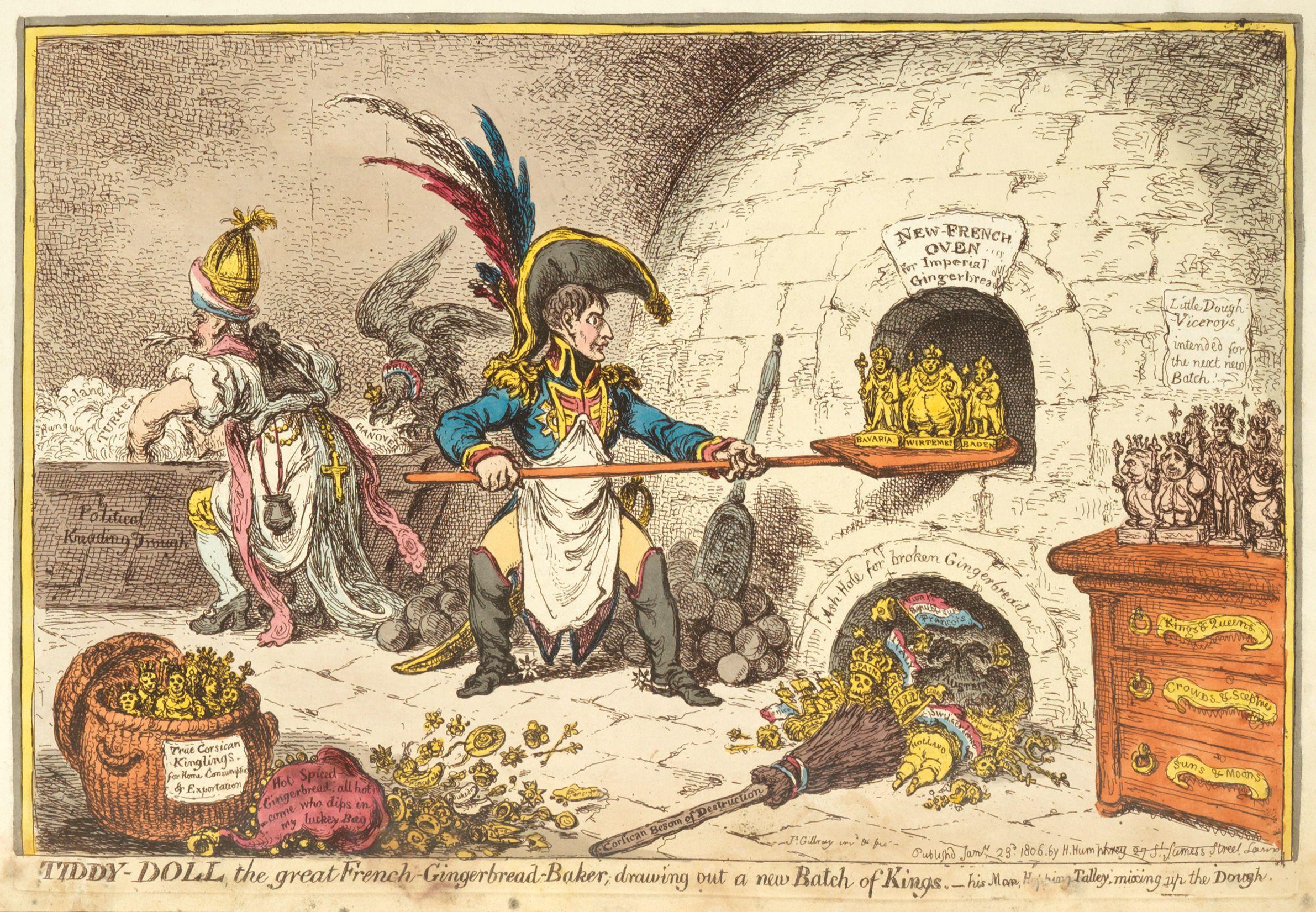 James Gillray - Tiddy-doll, the great French-Gingerbread-Baker; drawing out a new Batch of Kings.-
