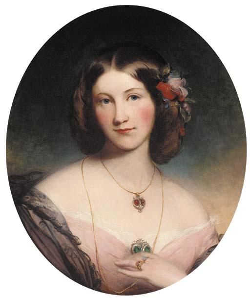 James Godsell Middleton - Portrait of a lady, bust-length, in a pink dress and black shawl and garnet and diamond pendant, in a feigned oval