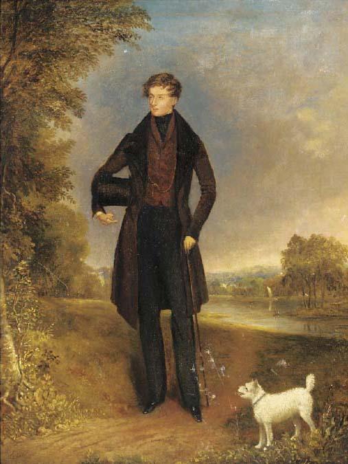 James Gooch - Portrait of a gentleman, small full-length, with a white terrier by his side, in a wooded river landscape