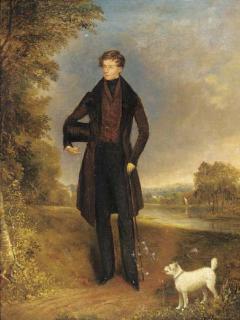 James Gooch - Portrait of a gentleman, small full-length, with a white terrier by his side, in a wooded river landscape