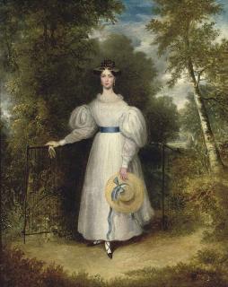 James Gooch - Portrait of a lady, small full-length, in a white dress with a blue sash, holding a straw hat, standing by a gate, a landscape beyond