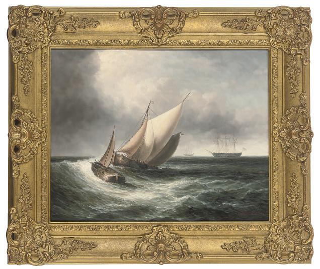 James Hardy - A Dutch pinck in close quarters, two frigates at their anchorage beyond