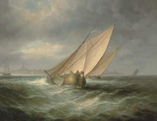 James Hardy - A wijdschip on a choppy estuary, a Dutch town beyond
