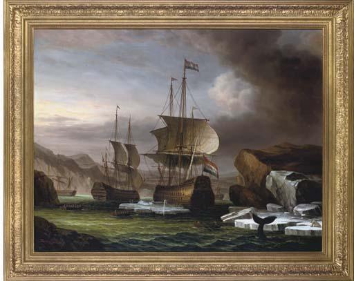 James Hardy - Battleships moored in a cove