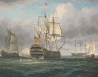 James Hardy - The flagship arriving at her anchorage with a salute; and Sinking the enemy