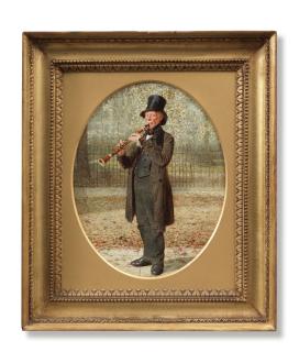 James Hayllar, RBA - A wandering minstrel in a quiet square sight size 33.5 x 26cm (13 3/16 x 10 3/16in), panel size 35.5 x 38.5cm (14 x 15 3/16in).