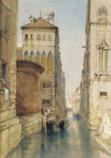 James Holland, O.W.S. - A Venetian canal, with men unloading two gondolas