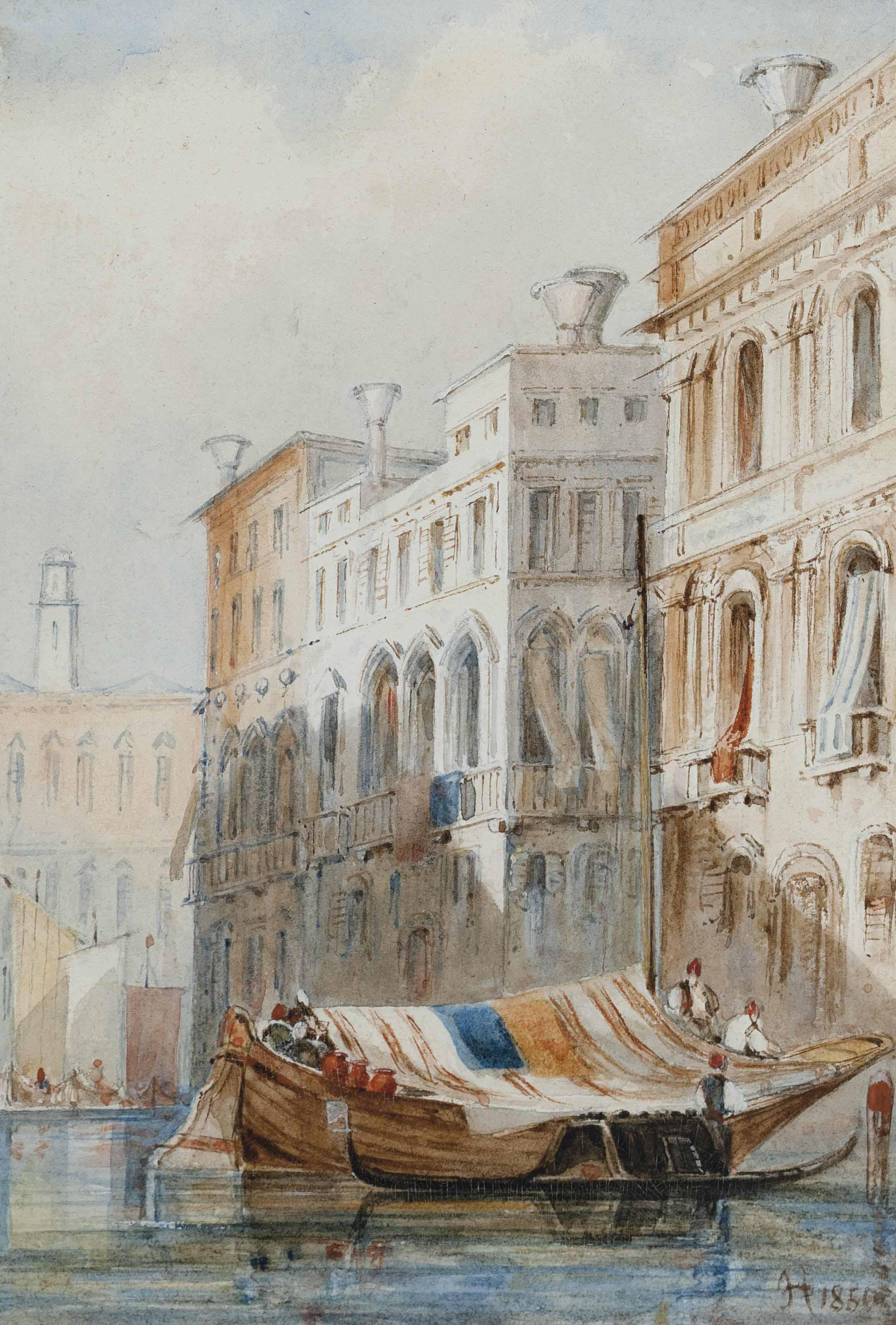 James Holland, O.W.S. - Boats moored before a Palazzo, Venice