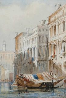 James Holland, O.W.S. - Boats moored before a Palazzo, Venice