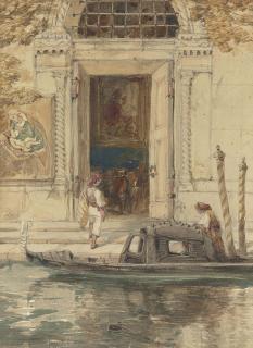 James Holland, O.W.S. - Figures disembarking into a palazzo from a gondola, Venice