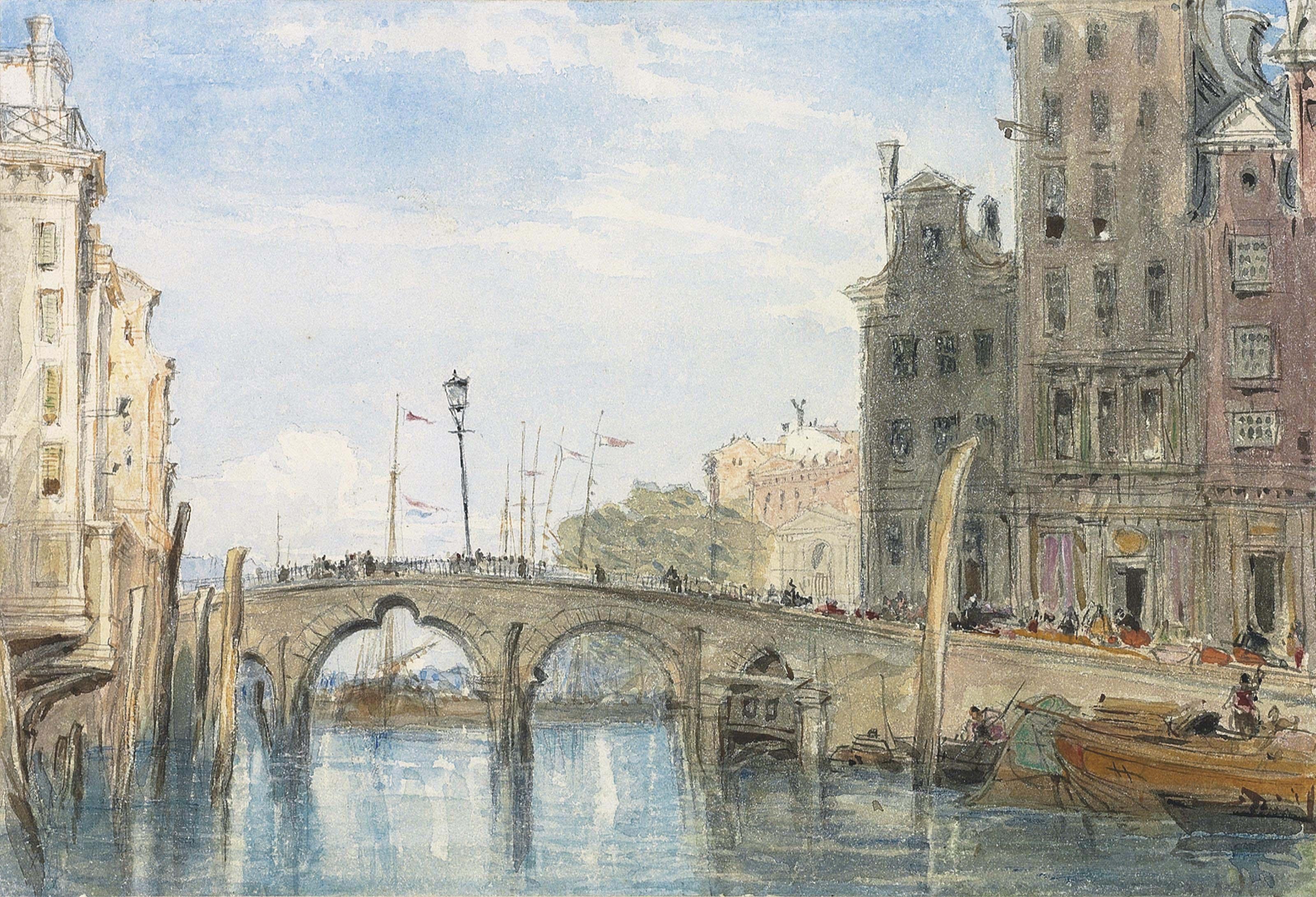 James Holland, O.W.S. - Figures on a bridge over a canal, Holland