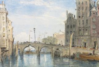 James Holland, O.W.S. - Figures on a bridge over a canal, Holland