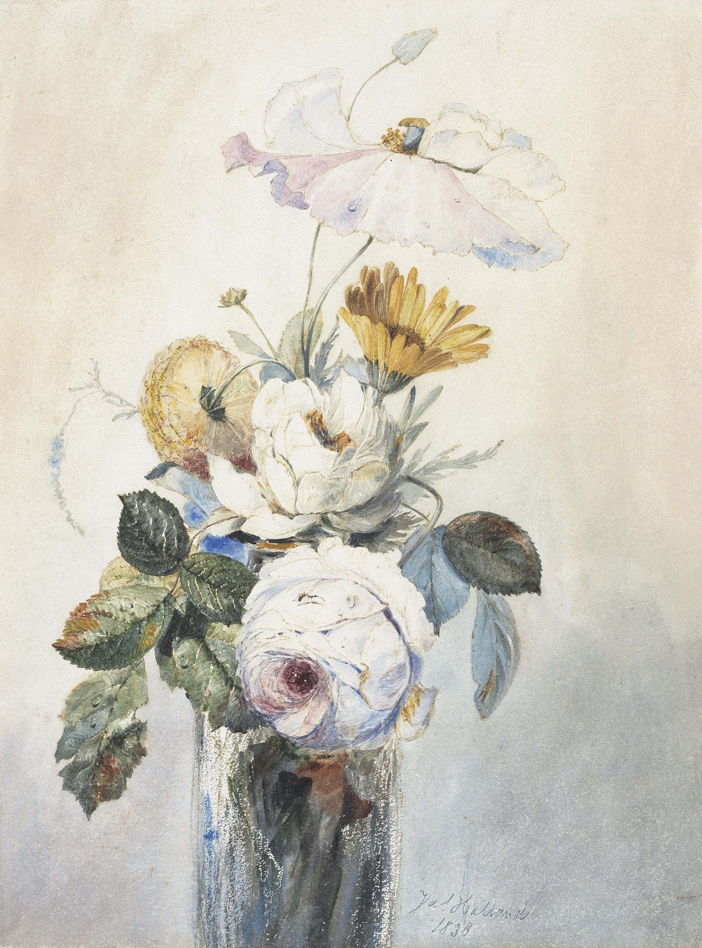 James Holland, O.W.S. - Peonies, a poppy and marigolds in a glass vase