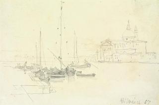 James Holland, O.W.S. - View of San Giorgio Maggiore, Venice (illustrated); and Study of a gondola, figures and other river craft