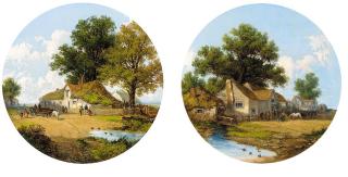 James Holland, R.W.S. - A gathering at the Miller\'s Rest; and Figures before a cottage in a wooded landscape, painted circles