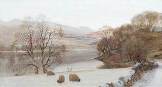 James Howard Lyon - Sheep grazing on the banks of a snow covered loch