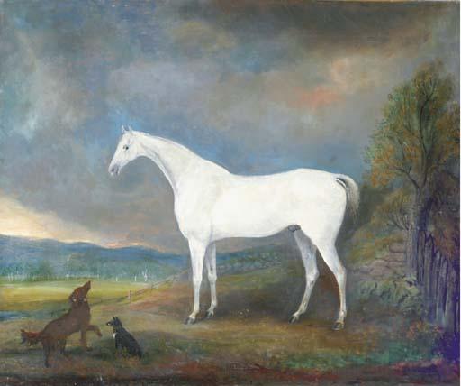 James Howe - A grey hunter with two dogs in a landscape