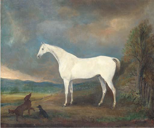 James Howe - A Grey Hunter With Two Dogs In A Landscape