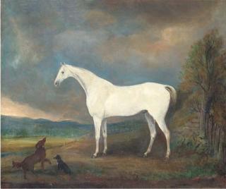 James Howe - A Grey Hunter With Two Dogs In A Landscape