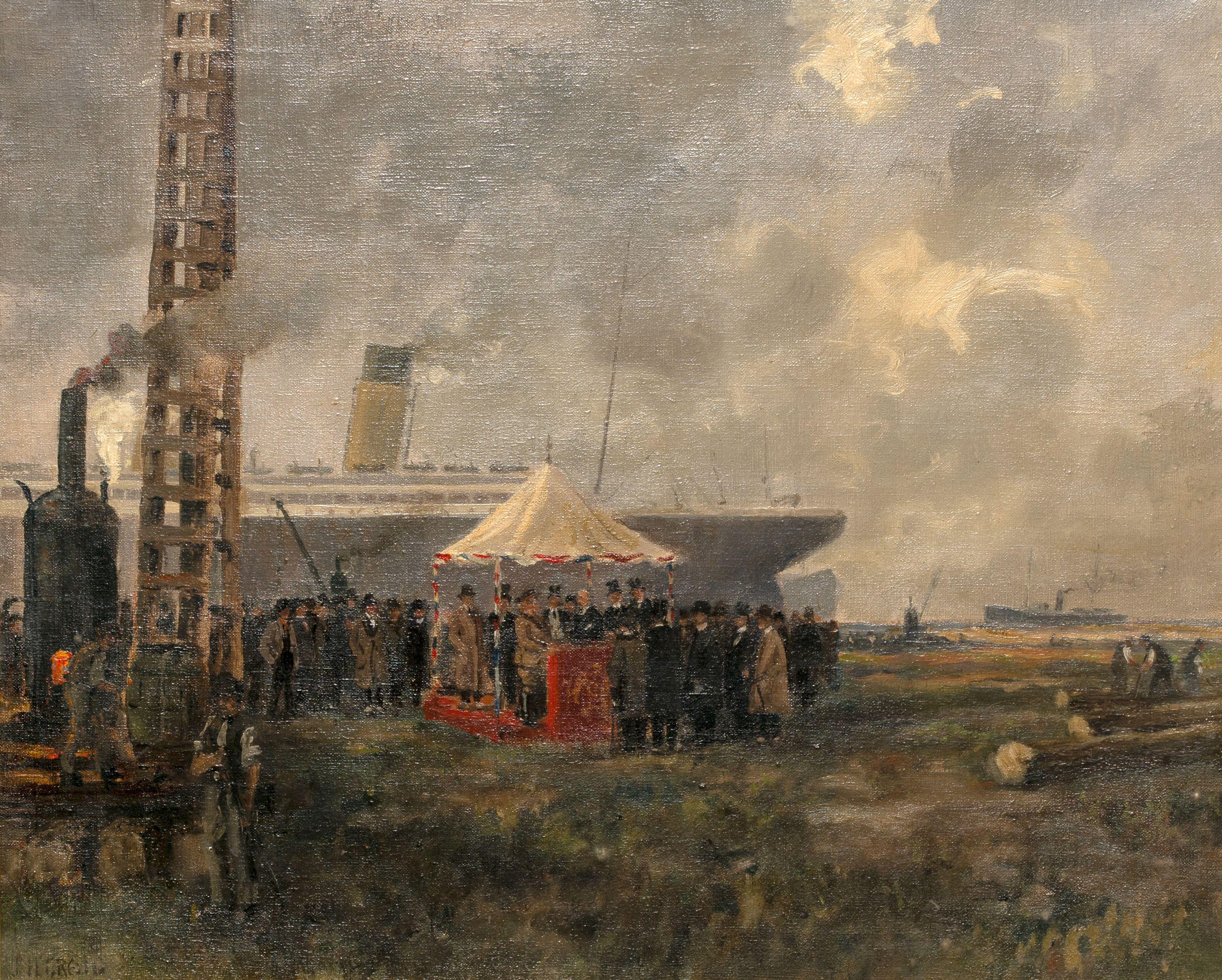 James Humbert Craig - Driving the first pile at the Belfast Corporation Electricity Supply Station, Musgrave Channel Road, Thursday 11 September 1919 (White Star Liner \'Olympic\' in the background) 46 x 56 cm. (18 1/8 x 22 in.)