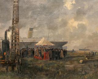 James Humbert Craig - Driving the first pile at the Belfast Corporation Electricity Supply Station, Musgrave Channel Road, Thursday 11 September 1919 (White Star Liner \'Olympic\' in the background) 46 x 56 cm. (18 1/8 x 22 in.)