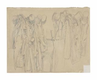 James-Jacques-Joseph Tissot - Manteaux, chapeaux et étui de violoncelle dans un vestiaire