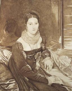 James Jacques Joseph Tissot - Portrait of Vicomtesse de Senonnes, née Marie Marcoz, after Ingres, three-quarter length, seated on a sofa