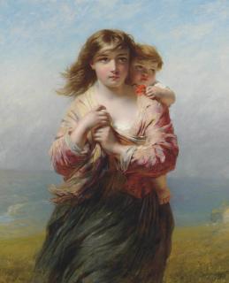James John Hill, R.B.A. - Mother and child on a hillside overlooking the sea