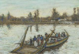 James Kay, R.S.A., R.S.W. - A paddle tug on an industrial river; and The ferry crossing (illustrated)