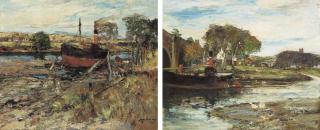 James Kay, R.S.A., R.S.W. - Steam launch on the river