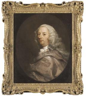 James Latham - Portrait of a gentleman, previously thought to be a self portrait of the artist, bust-length, in a silver brocaded jacket, painted oval