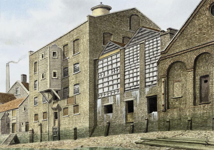James Lawson Stewart - Cairns Whiting and flour mills, river front, Lambeth (illustrated); and six other views of Lambeth including: Fore Street (3) and Princes Street (3)