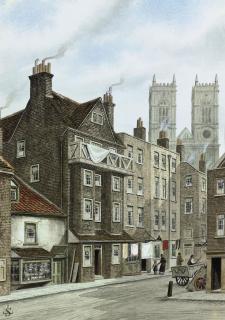 James Lawson Stewart - Caxton\'s House, with Westminster Abbey beyond (illustrated); Water gate, New Palace Yard, Westminster; and Three views of the Speaker\'s Courtyard, Westminster