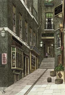 James Lawson Stewart - Six views of the Strand and its environs, including: George Court; Goldsmith\'s Tomb, Temple; A passageway near Temple Station (illustrated); White Lion Court; and Wytch Street (2)