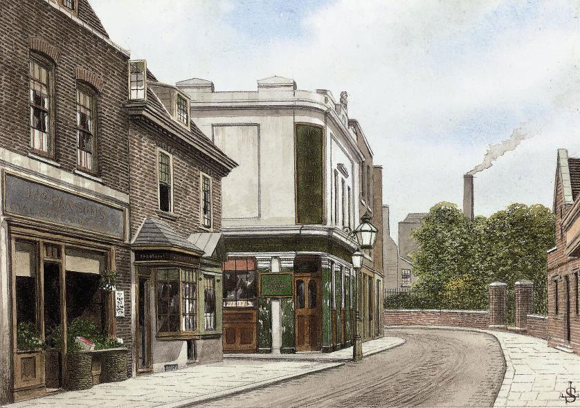 James Lawson Stewart - The Henry VIII Inn, High Street, Lambeth (illustrated); and six other views of Lambeth and its environs including: The ruins of the \'Merry Boys\' Tavern; Fore Street (3); Schoolhouse yard, Clerkenwell; and A bridge in Rotherhithe