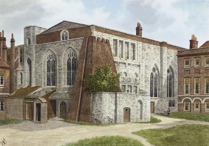 James Lawson Stewart - The Painted Chamber, Westminster (illustrated); The south side of the Painted Chamber; The Jewel Tower, old Palace of Westminster; and two street scenes of old Westminster