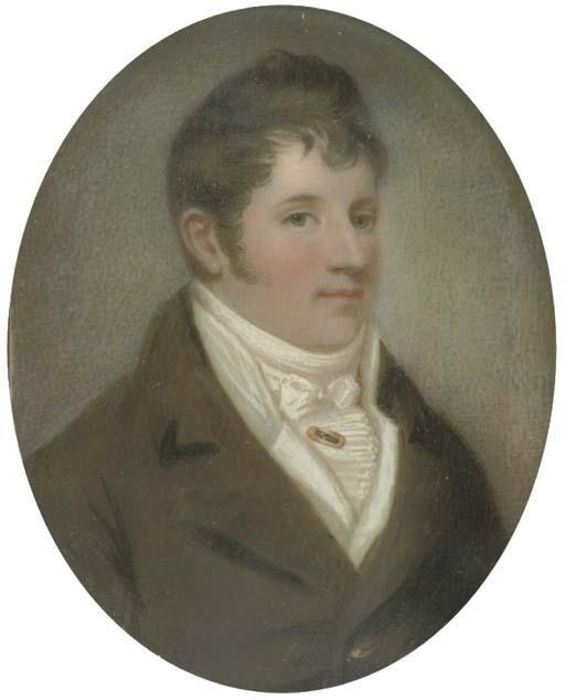 James Leakey - A gentleman in brown coat and pleated white cravat with stickpin