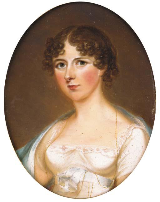 James Leakey - A lady believed to be Mrs. Anne Reading, facing left in low-cut white dress with blue sash, a pale blue stole over her shoulders, her hair in ringlets