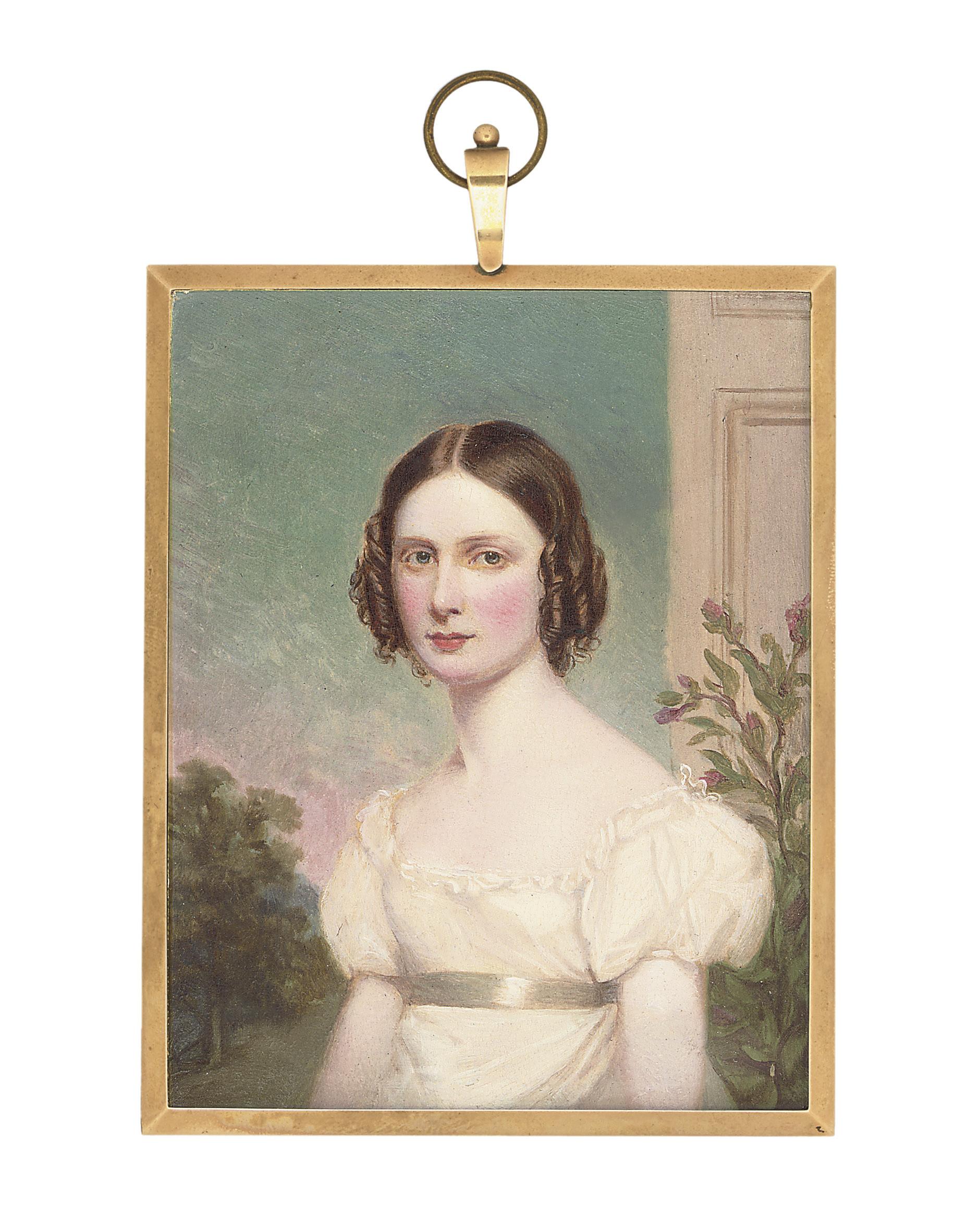 James Leakey - Lady John Chichester, in lace-bordered white dress with short puffed sleeves and sash, brown hair dressed in ringlets; landscape and pillar background