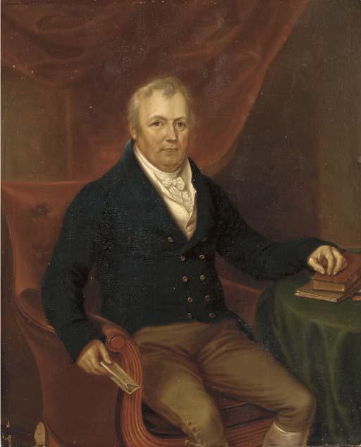 James Leakey - Portrait of a gentleman, three-quarter-length, in a blue jacket, seated at a table and holding a note in his right hand