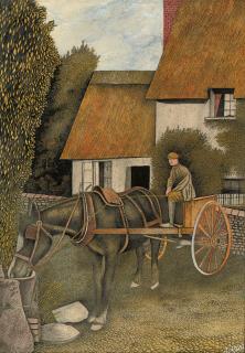 James Lloyd - Horse drinking; Woman walking under trees